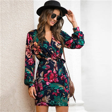 V Neck Floral Print Casual Belted Pencil Dress  Streetwear High Waist Multicolor Short Dresses